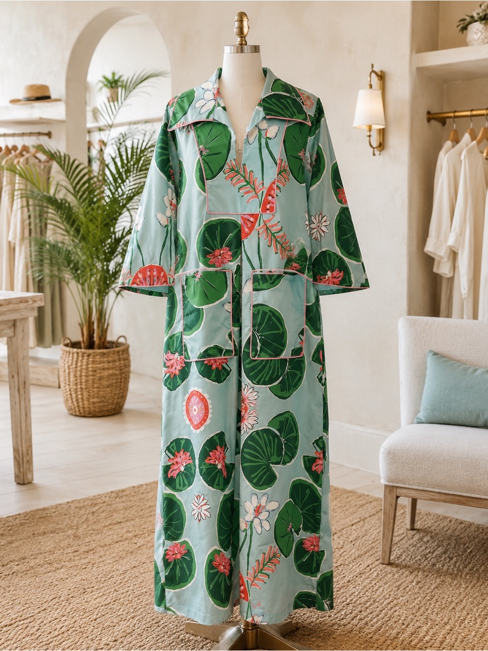 House of MBR Cassidy Lolli dress Floral Leaf Print Lily pad kaftan dress  NWT